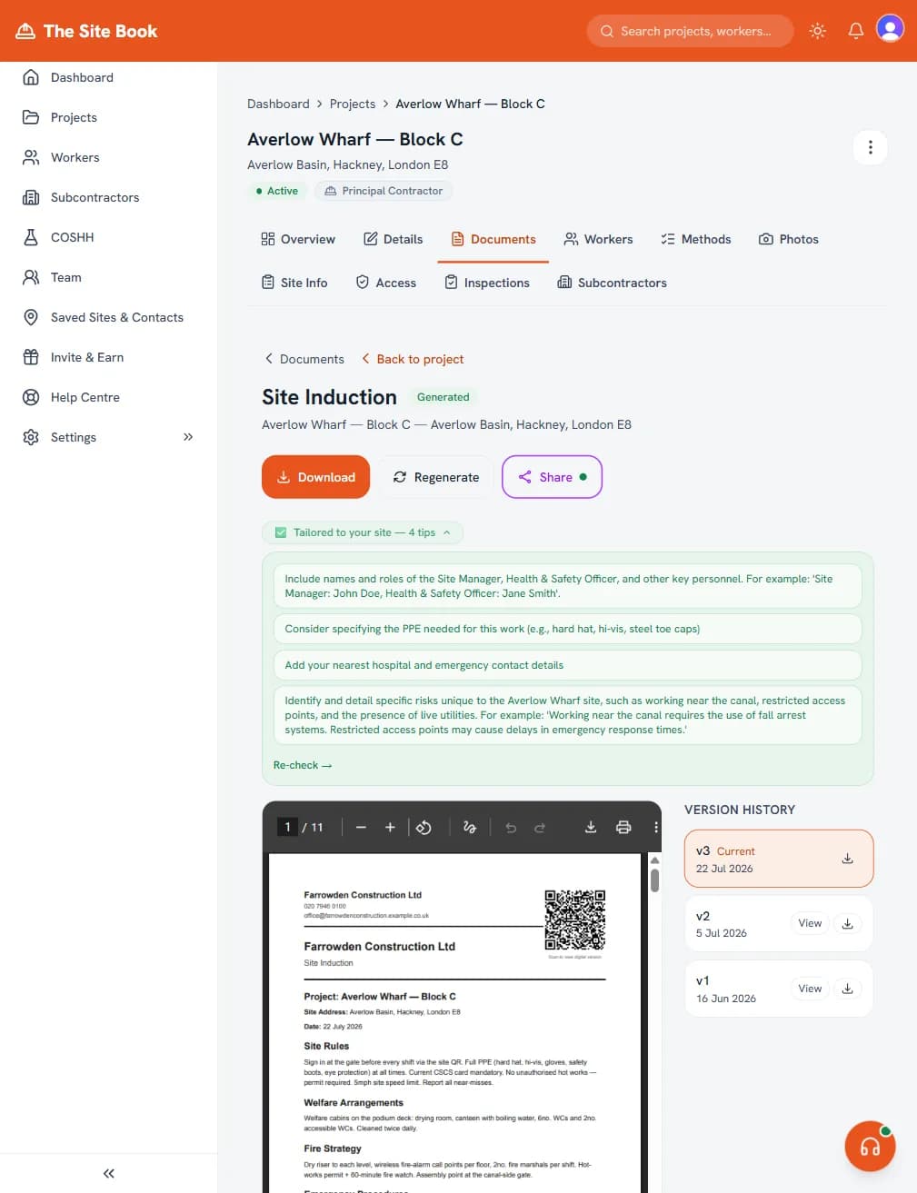 AI quality suggestions in The Site Book recommending improvements to a Site Induction AI quality suggestions in The Site Book recommending improvements to a Site Induction