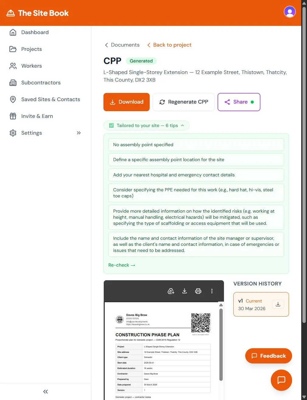 AI quality suggestions in The Site Book recommending improvements to a Construction Phase Plan AI quality suggestions in The Site Book recommending improvements to a Construction Phase Plan