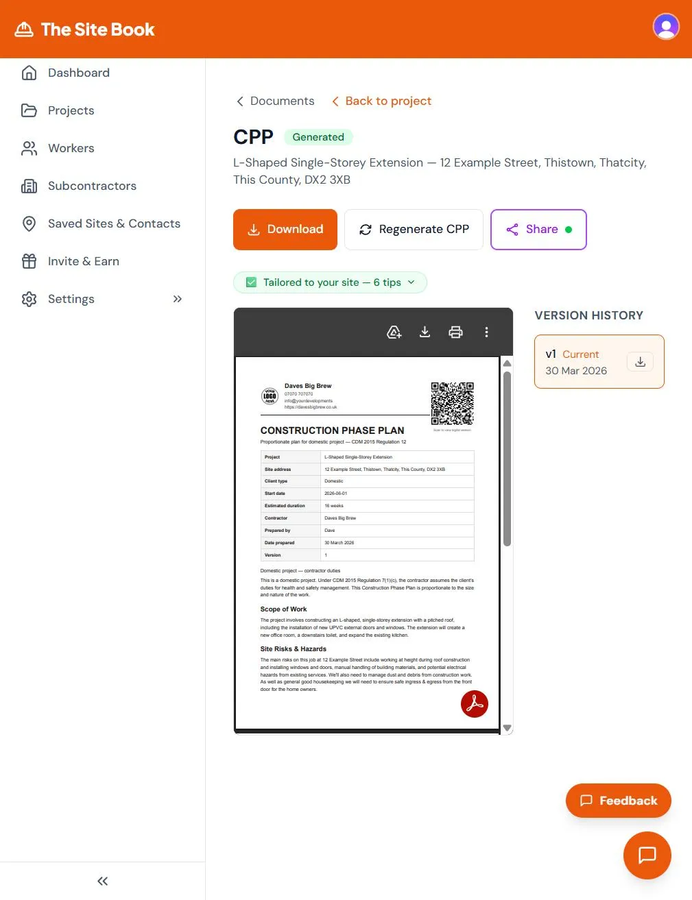 Generated Construction Phase Plan in The Site Book with embedded PDF preview showing project details and site hazards Generated Construction Phase Plan in The Site Book with embedded PDF preview showing project details and site hazards