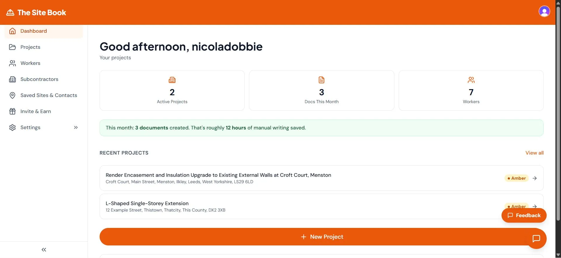 The Site Book dashboard showing active projects, documents created this month, and worker count The Site Book dashboard showing active projects, documents created this month, and worker count