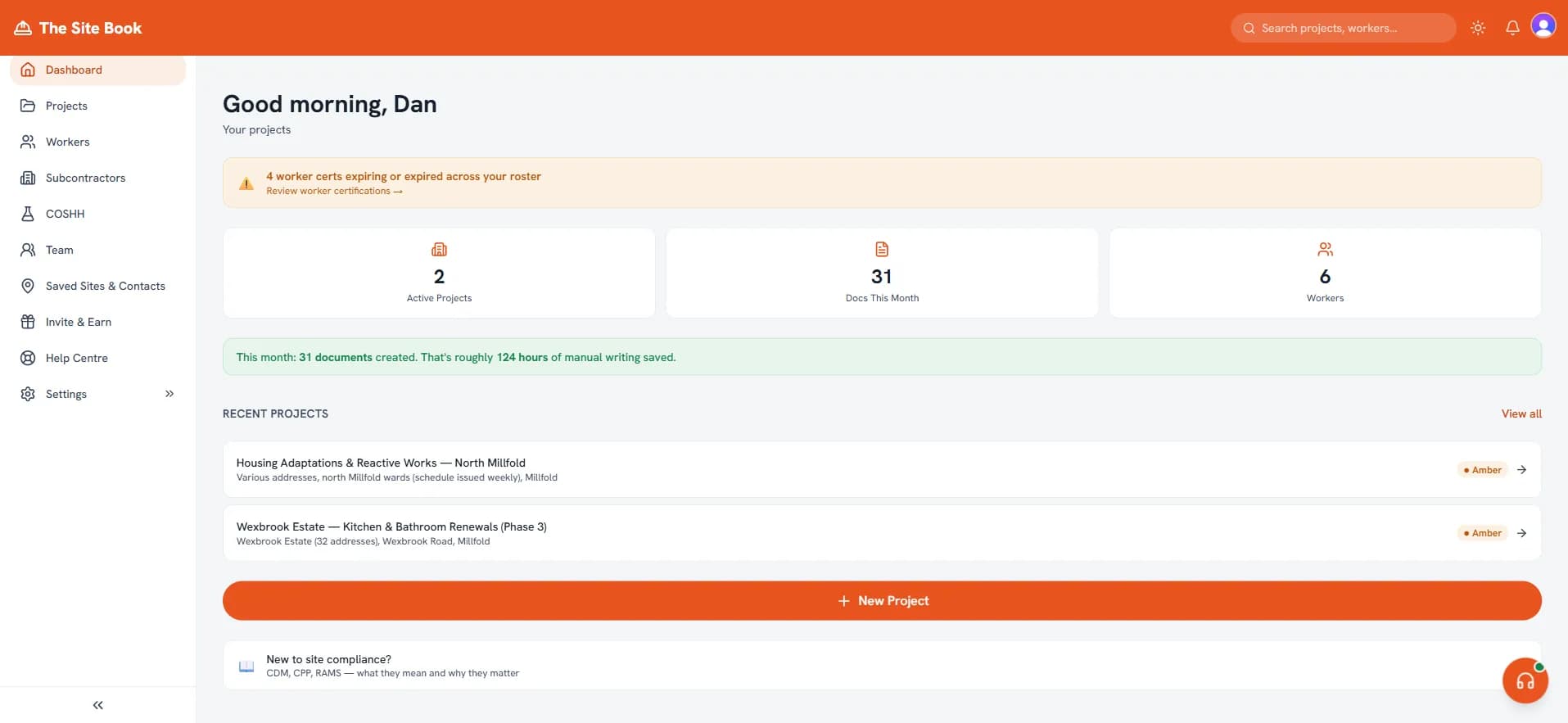 The Site Book dashboard showing active projects, documents created this month, and worker count The Site Book dashboard showing active projects, documents created this month, and worker count