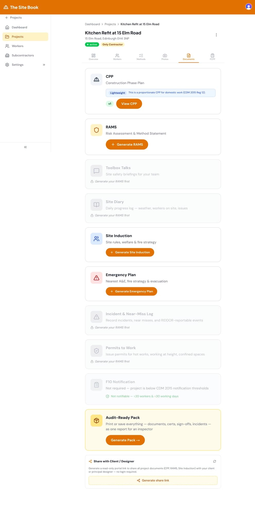 The Site Book showing CPP generation alongside RAMS, site induction, and emergency plans