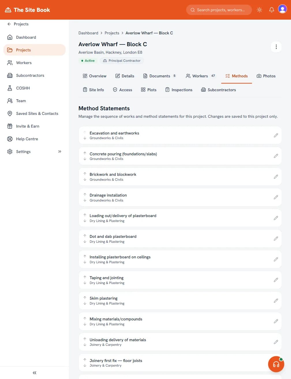 Method statements editor in The Site Book showing editable sequence of works for a construction project Method statements editor in The Site Book showing editable sequence of works for a construction project