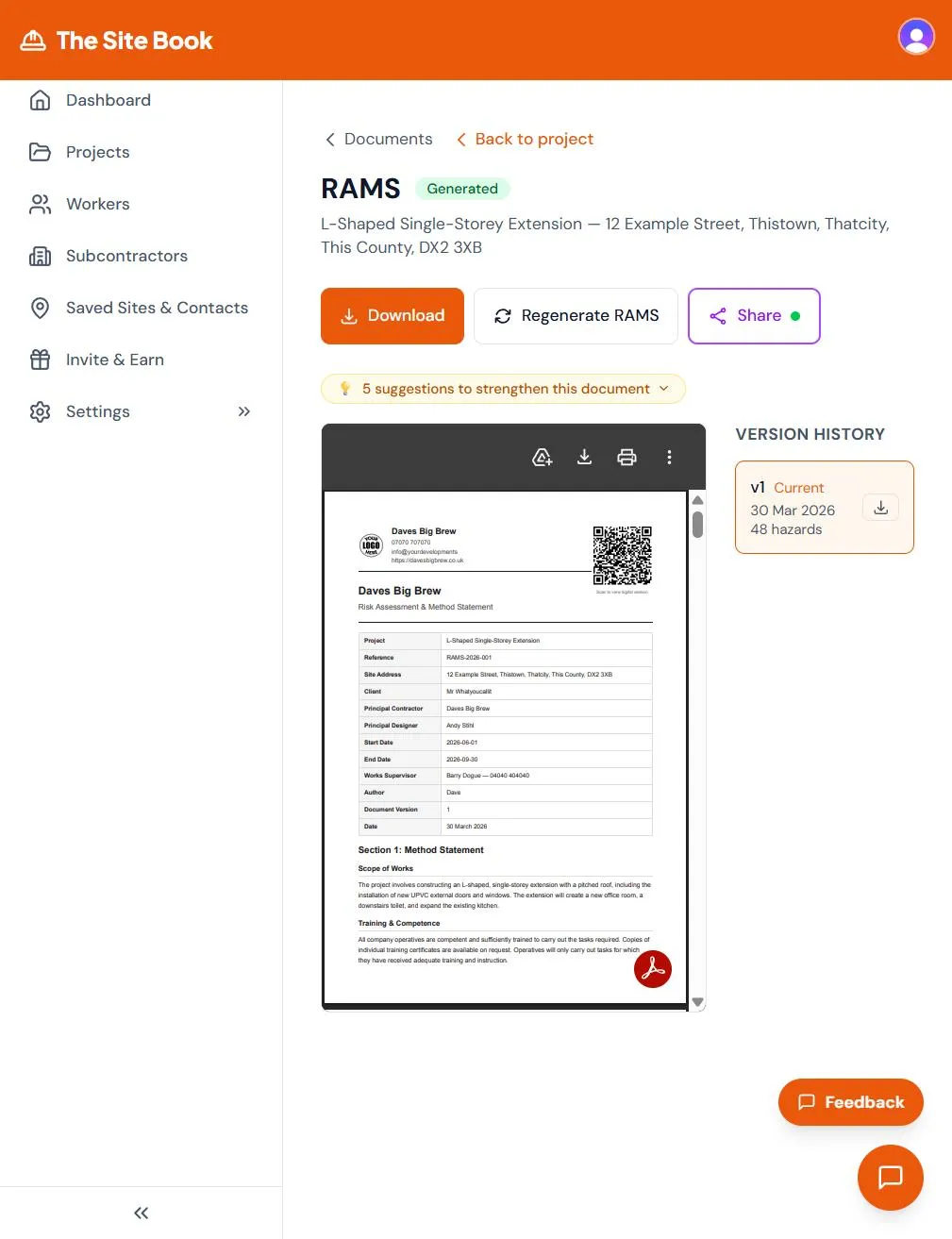 Generated RAMS document in The Site Book showing cover page with project details and 48 assessed hazards Generated RAMS document in The Site Book showing cover page with project details and 48 assessed hazards