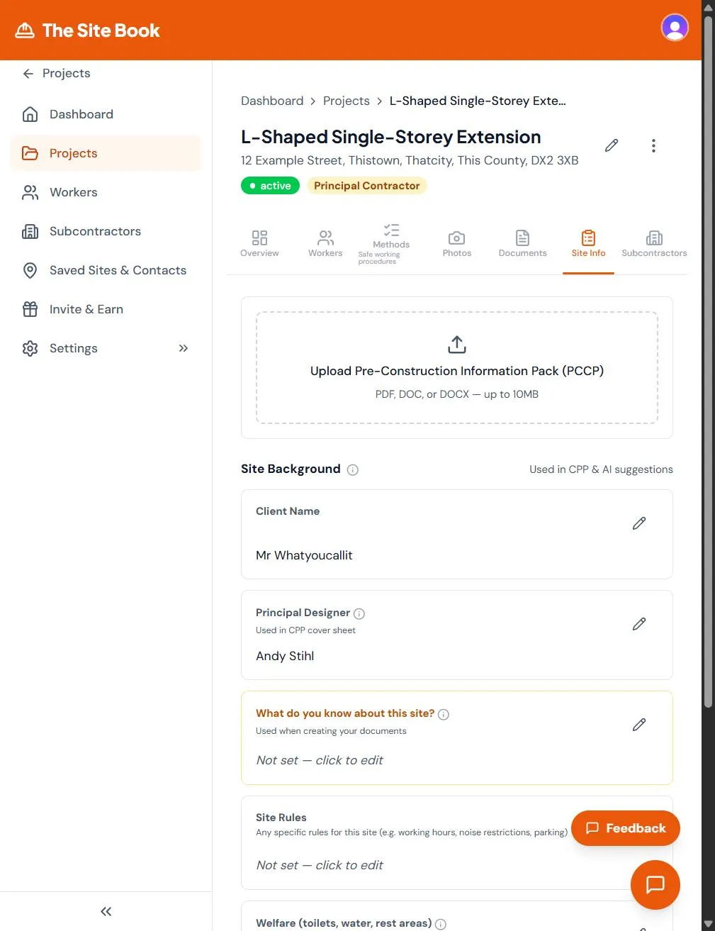Site information form in The Site Book showing client details and project background fields used to generate the CPP Site information form in The Site Book showing client details and project background fields used to generate the CPP