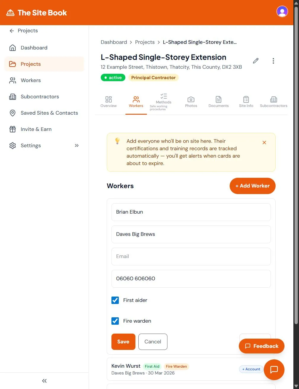Worker detail form in The Site Book showing contact details and First Aider and Fire Warden role assignments Worker detail form in The Site Book showing contact details and First Aider and Fire Warden role assignments