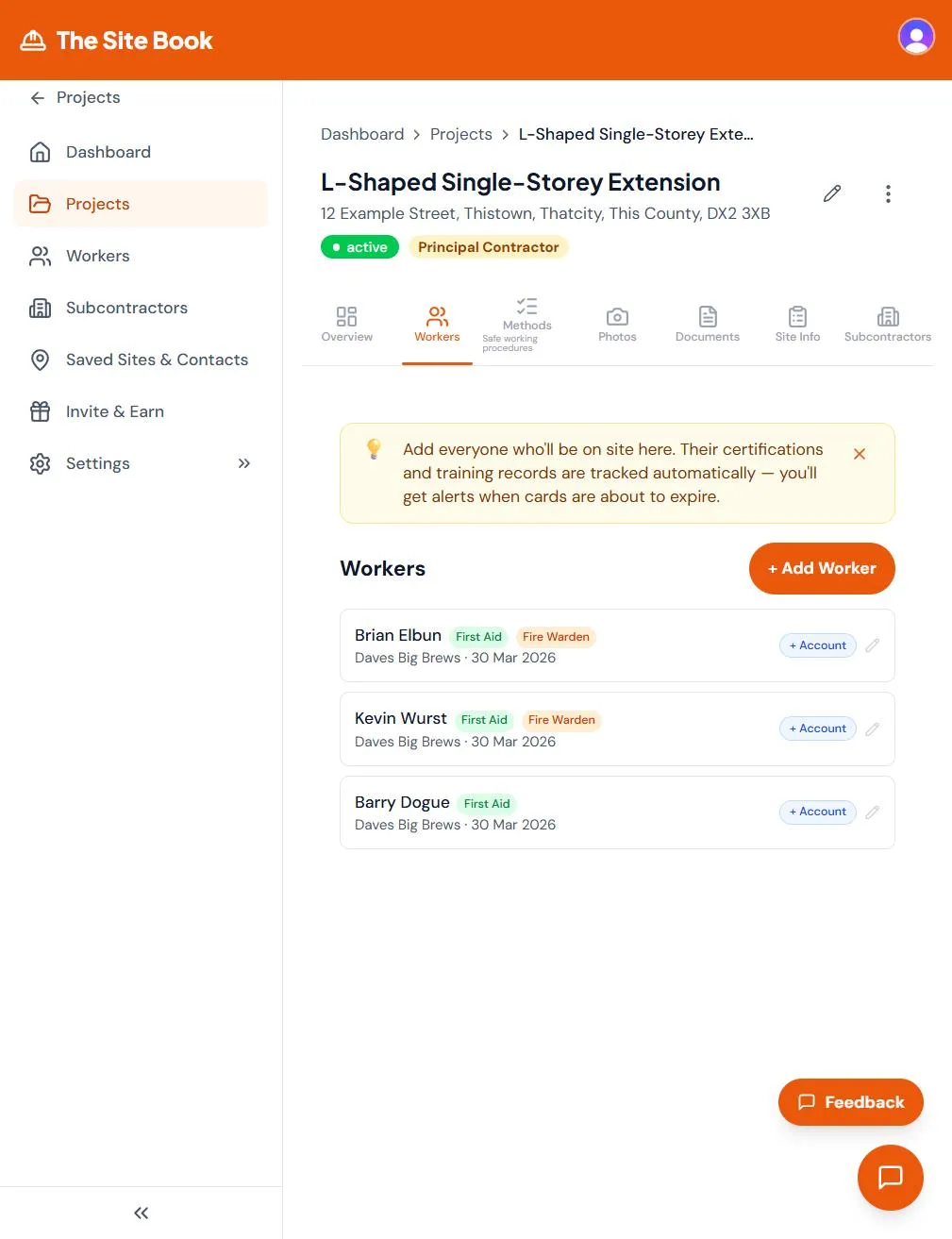 Worker tracking in The Site Book showing team members with First Aid and Fire Warden certification badges Worker tracking in The Site Book showing team members with First Aid and Fire Warden certification badges